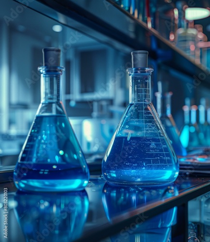 Two blue glass conical flasks sit on a reflective surface in a laboratory setting photo