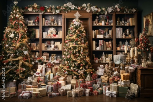 A beautiful decorated room with a Christmas tree and many presents
