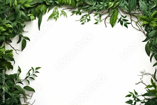 lush green leaves and vines on white background