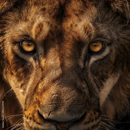 Detailed view of a lion's intense gaze, close-up with sunset lighting © Anastasiya