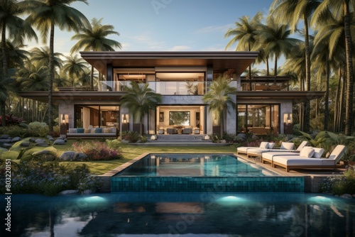 A Modern Tropical Villa with Pool and Palm Trees © Adobe Contributor