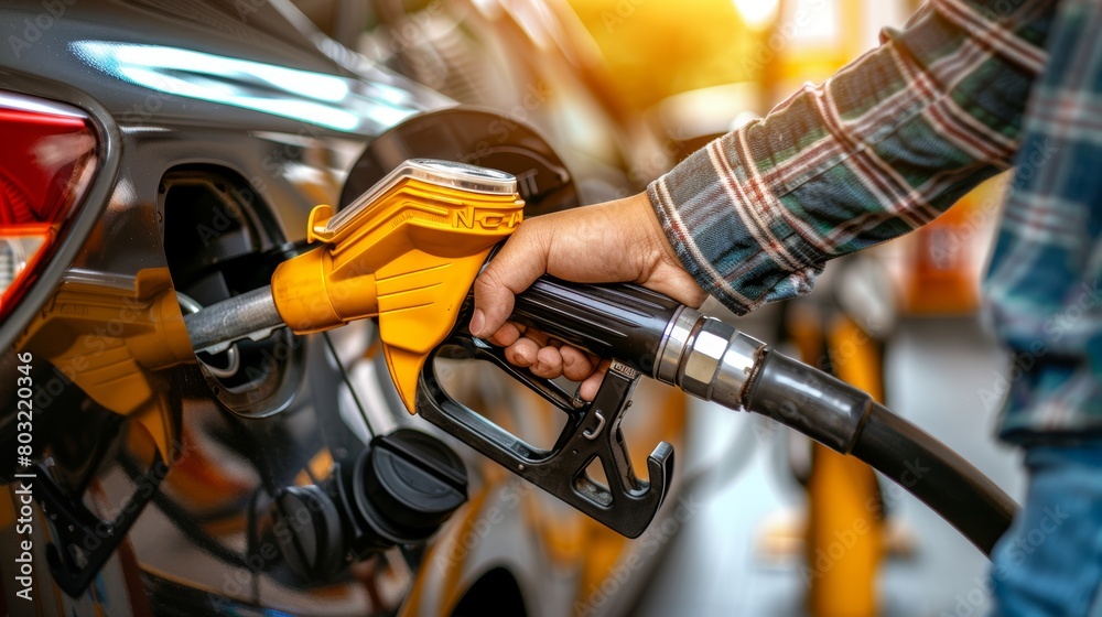 Close-up of a man pumping gasoline fuel in his car at the gas station on a sunny day