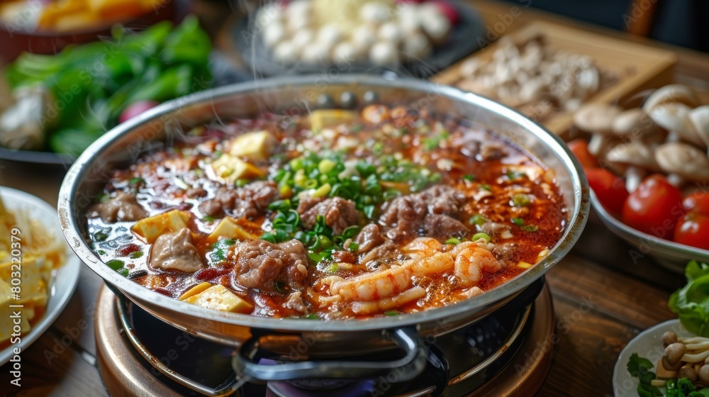 Sichuan hot pot with beef, shrimp, tofu, and vegetables Sichuan hot pot with beef, shrimp, tofu, and vegetables