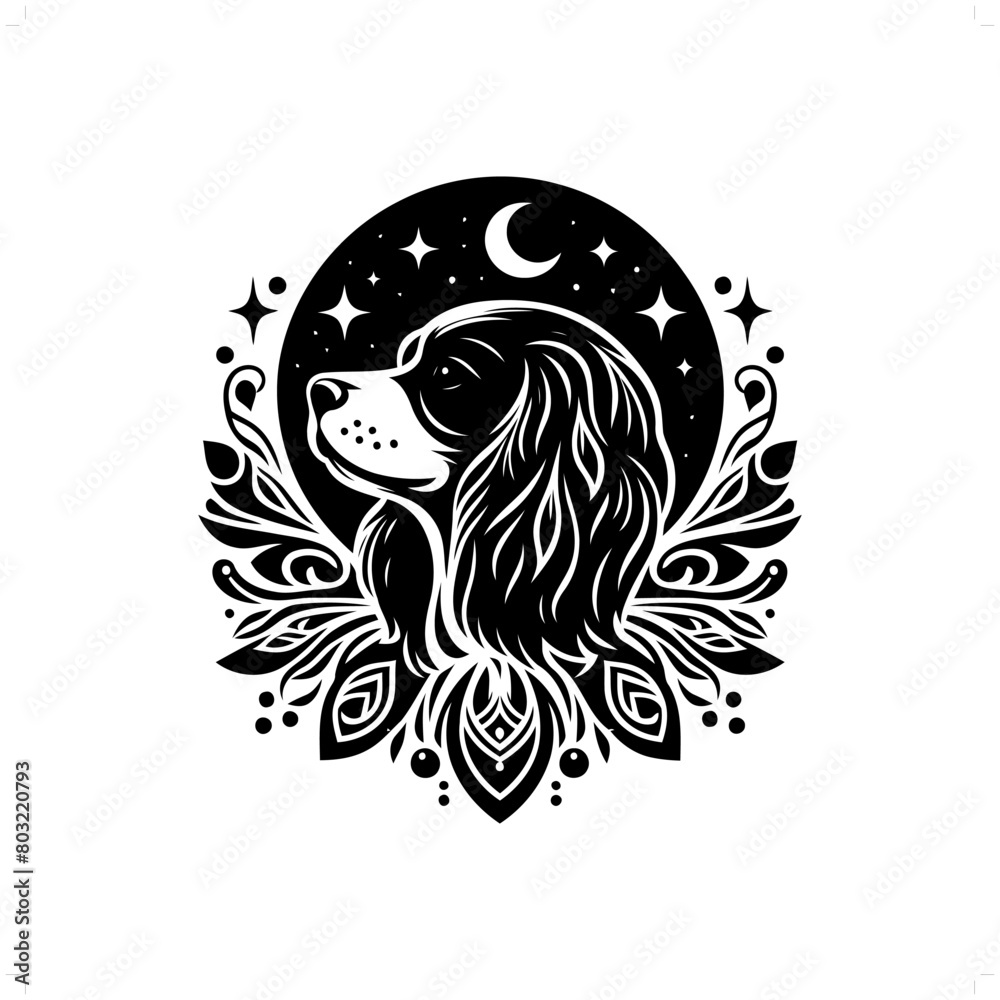dog, Cavalier Spaniel silhouette in bohemian, boho, nature illustration