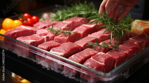 Raw beef tenderloin steaks with rosemary and cherry tomatoes