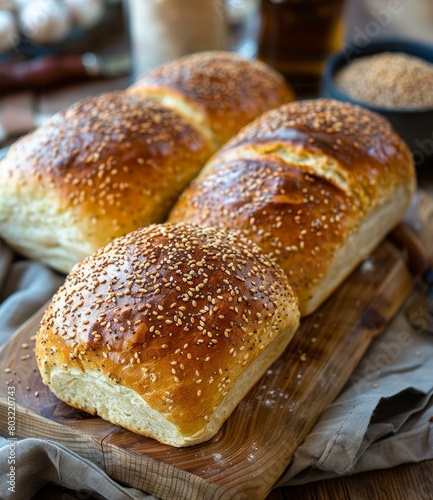 Four loaves of bread sprinkled with sesame seeds on a wooden table