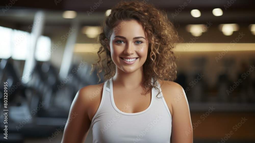 Portrait of a young woman with curly hair smiling in a fitness center