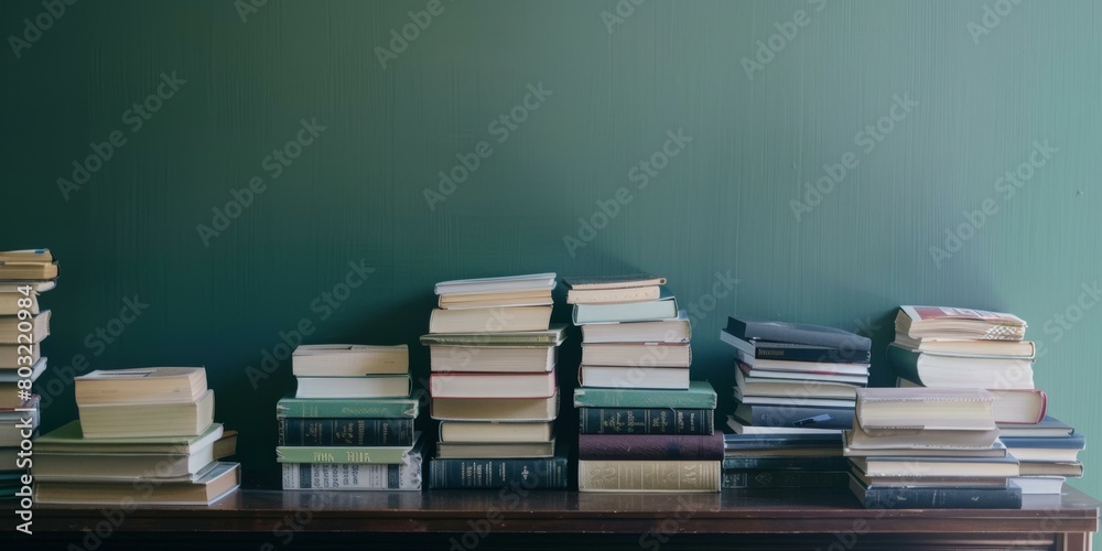 A large collection of books on a wooden table A large collection of books on a wooden table