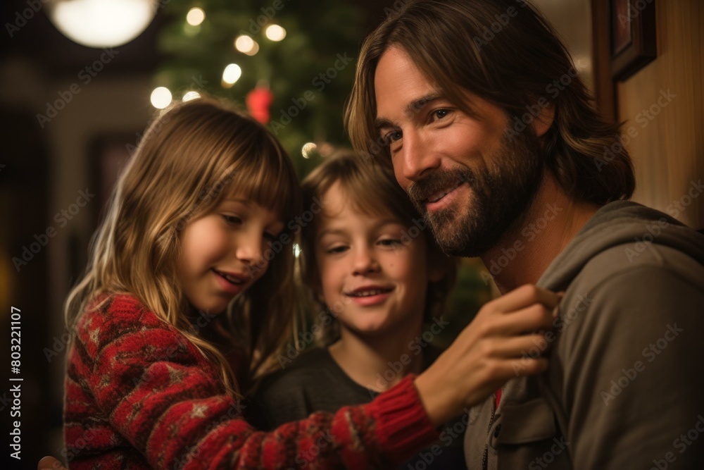 A father and his two children are smiling and embracing in front of a Christmas tree. A father and his two children are smiling and embracing in front of a Christmas tree.