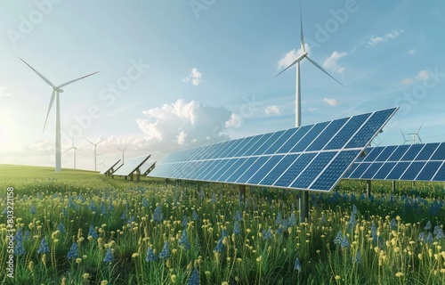 A photorealistic image of solar panels and wind turbines in an open field, symbolizing the integration of renewable energy sources for sustainable power generation
