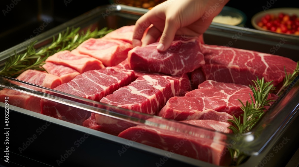 A hand picking up a piece of raw steak from a case