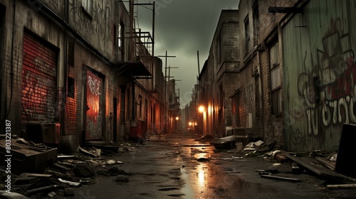 A dark and gloomy alleyway with graffiti on the walls and trash on the ground photo