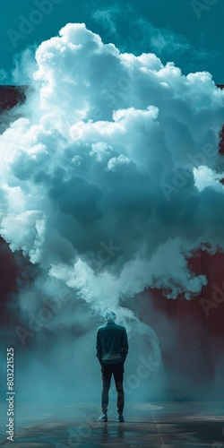 Man standing alone in front of large white cloud