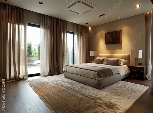 Modern bedroom interior design with large windows and a comfortable bed © Adobe Contributor