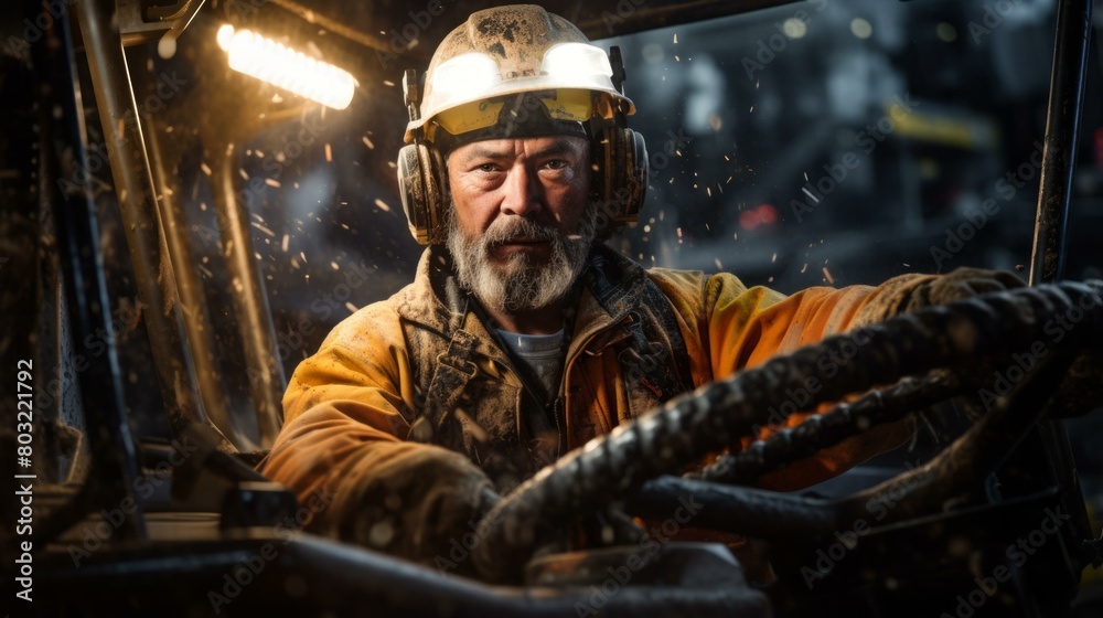Portrait of a male miner operating heavy machinery in a mine.