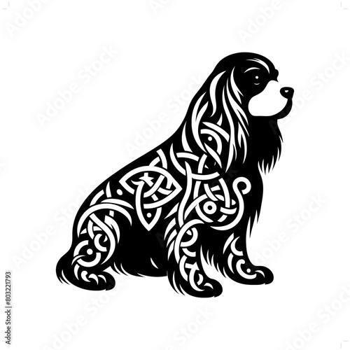 dog, Cavalier Spaniel silhouette in animal celtic knot, irish, nordic illustration