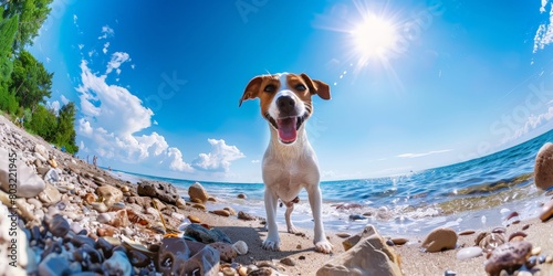 A dog confidently stands atop the sandy beach, looking out towards the water under the clear sky