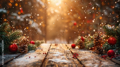 Christmas background with wooden table and decorations