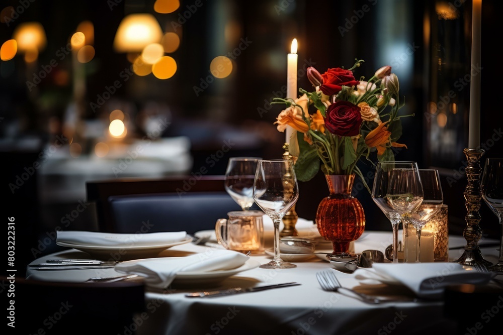 Candlelit dinner table with a vase of flowers