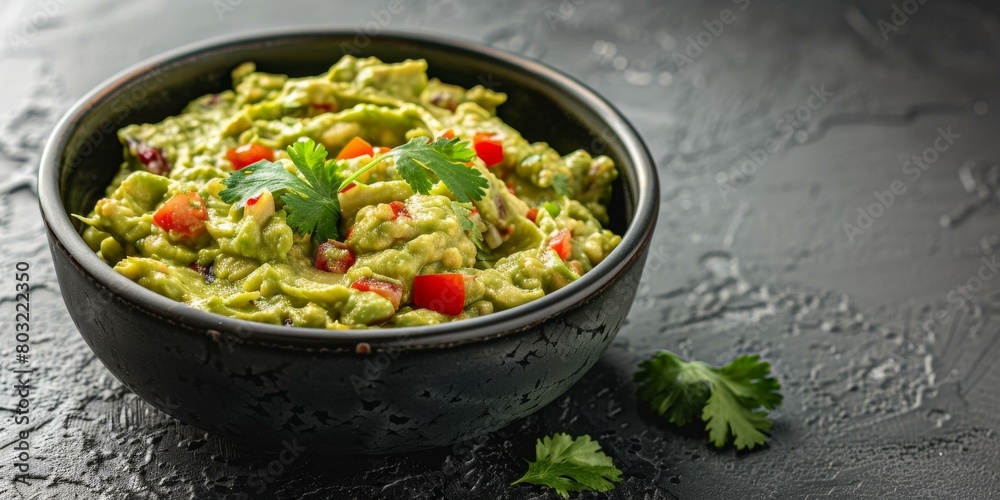 Homemade guacamole in a dark bowl with fresh ingredients Homemade guacamole in a dark bowl with fresh ingredients