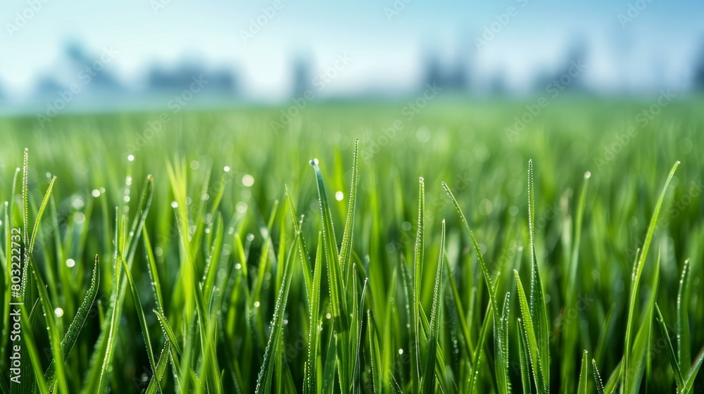 Close-up of green grass field with water drops on the tips of the grass Close-up of green grass field with water drops on the tips of the grass