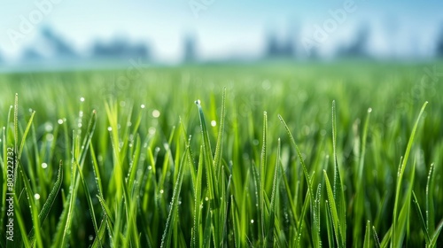 Close-up of green grass field with water drops on the tips of the grass