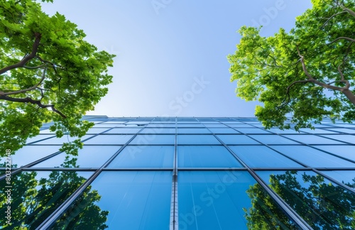 A sleek, modern office building with large glass windows and green trees outside, symbolizing eco-friendly business practices. The sky is a clear blue in the background