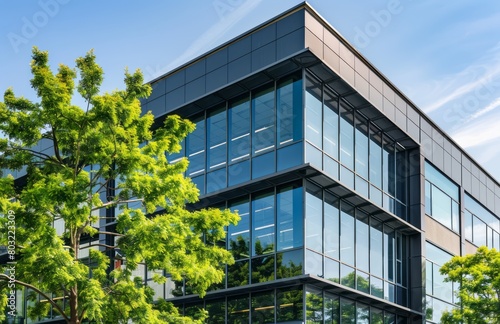 A sleek, modern office building with large glass windows and green trees outside, symbolizing eco-friendly business practices. The sky is a clear blue in the background