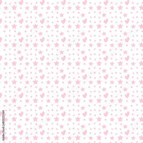 Pink seamless girly pattern with hearts and stars, isolated on white. Vector illustration. Textile, fabric, paper, wallpaper, background, backdrops, decor. 