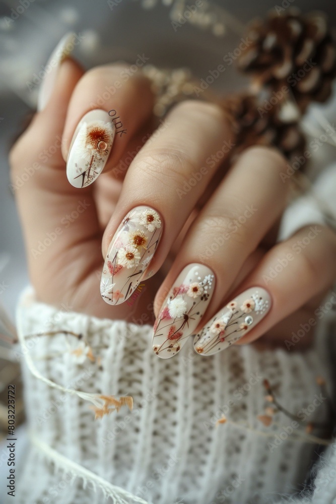 Dried flowers and clear acrylic nails with white sweater Dried flowers and clear acrylic nails with white sweater