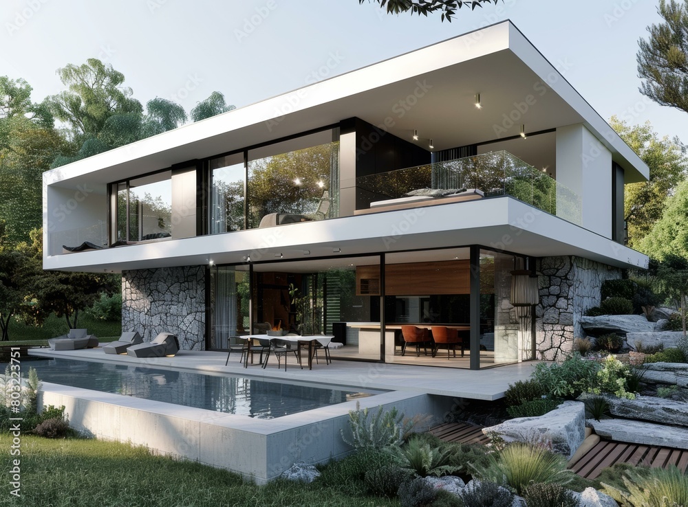 Modern House Exterior Design with Pool and Stone Accent