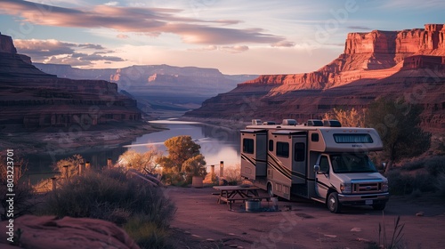 An RV parked in a serene desert location near a river at sunset  with dramatic cliffs in the background.