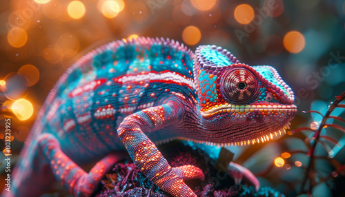 a colorful chameleon is climbing on a RGB LED strip light,generative ai