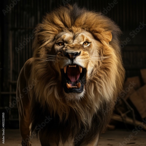 Close-up of a male lion roaring with a dark background