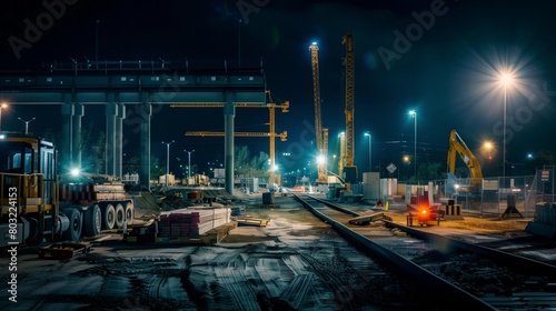 A nighttime construction site with illuminated cranes, machinery, and building materials under a bridge.