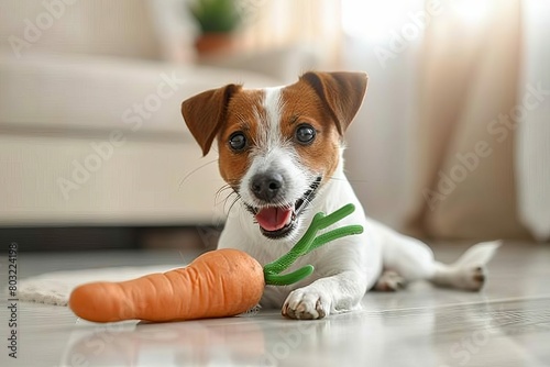 jack russell terrier playing with carrot toy cute and playful dog photo