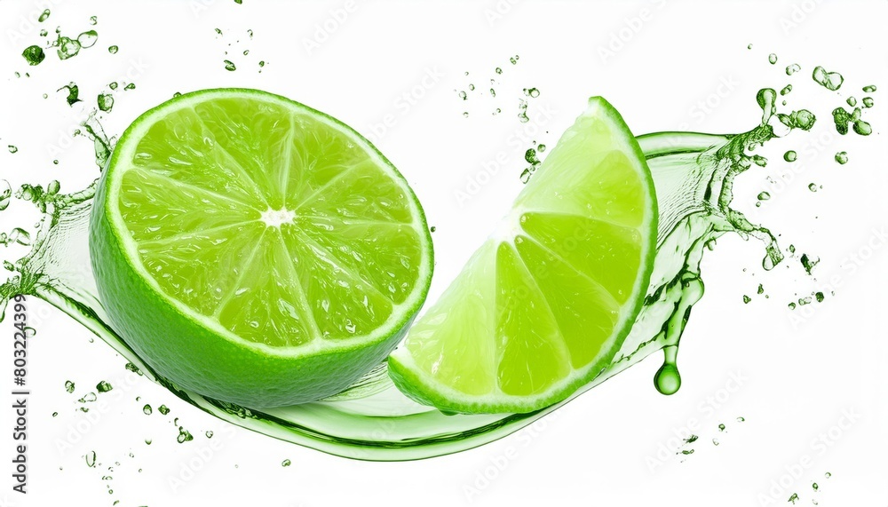 Vibrant splash of water on citrus fruits, lime, lemon, creates a refreshing scene. Isolated on a clean white background Vibrant splash of water on citrus fruits, lime, lemon, creates a refreshing scene. Isolated on a clean white background