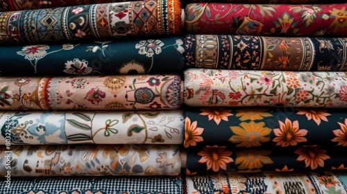 A vibrant stack of assorted fabric rolls with various floral and geometric patterns.