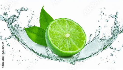 Vibrant splash of water on citrus fruits  lime  lemon  creates a refreshing scene. Isolated on a clean white background