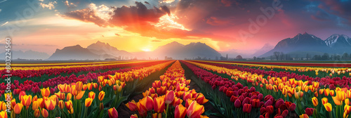 A vibrant tulip field under the dramatic sky of a colorful sunset, with mountains in the background. The scene captures the beauty and diversity of these iconic flowers against an epic backdrop. High 