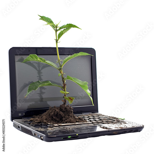 Plant Growing Through Laptop on Transparent Background