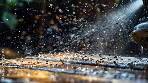 Dramatic Water Spray Cleaning Wooden Surface from Pest Infestation