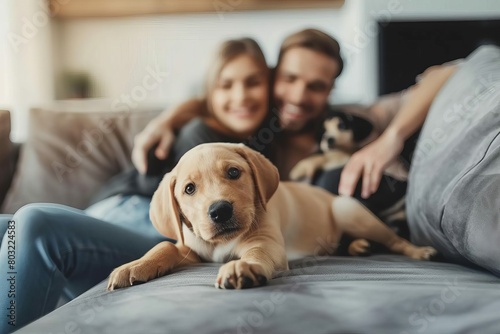 joyful family relaxing together on couch in living room with adorable puppy dog happy home life moment