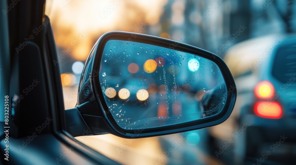 Car mirrors photographed from the inside with background blur