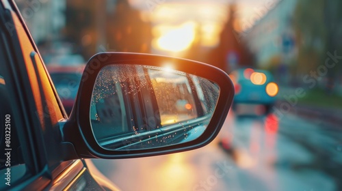Car mirrors photographed from the inside with background blur