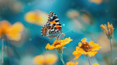 Small yellow bright summer flowers and tropical butterflies on a background of blue and green foliage in a fairy garden.