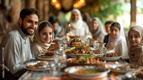 Family celebrating Eid al-Adha  sharing a loving glance amidst a meal  highlighting familial bonds and traditions