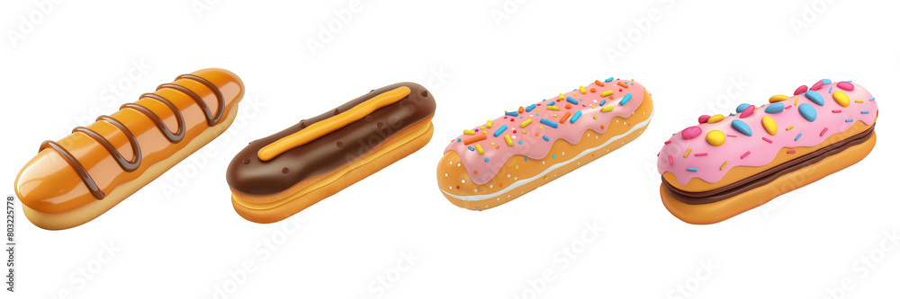 PNG eclair 3d icons and objects collection, in cartoon style minimal on transparent, white background, isolate PNG eclair 3d icons and objects collection, in cartoon style minimal on transparent, white background, isolate