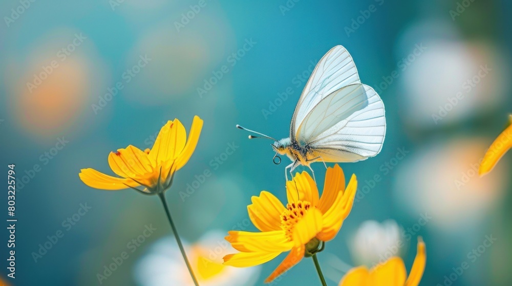 Small yellow bright summer flowers and tropical butterflies on a background of blue and green foliage in a fairy garden. Small yellow bright summer flowers and tropical butterflies on a background of blue and green foliage in a fairy garden.