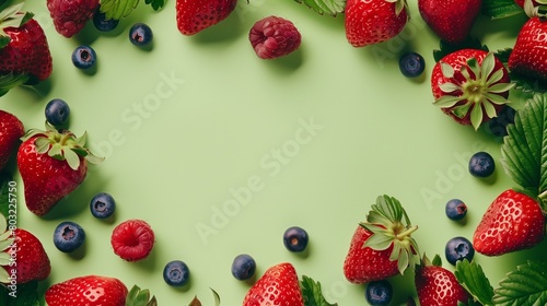 A vibrant arrangement of strawberries, blueberries, and raspberries on a green background with copy space.